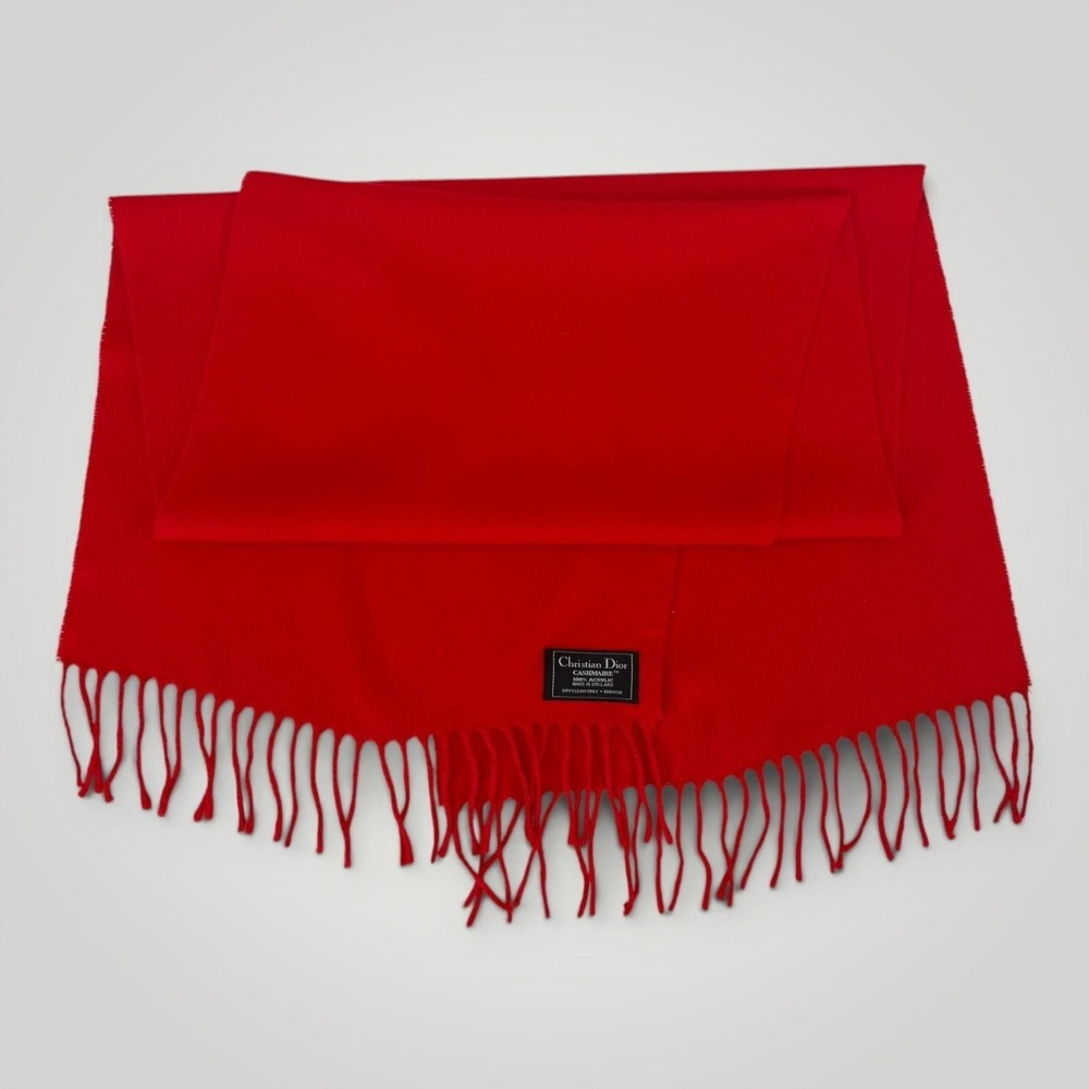 VTG Christian Dior Scarf Womens Red Fringe Cashmaire Acrylic England 36‎ inches - Picture 5 of 6
